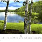 "Seelandschaft", Juni-Kalenderseite. Birkenstämme vor einem See mit Wald im Hintergrund, üppiges grünes Gras im Vordergrund.