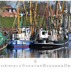 Schiffe im Wasser mit den Aufschriften "GREETSIEL" und "ODYSSEUS". Kalenderseite für den Monat Juni.