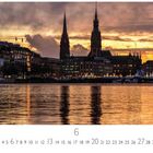 Text: "Alster Panorama", "Casares Edition", Kalenderdatum in Juni. Abendstimmung am Wasser mit beleuchteten Gebäuden.