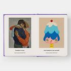 Texte: "Freedom to love." und "And freedom to be yourself." Links ein Gemälde von zwei umarmenden Personen, rechts eine bunte Illustration.