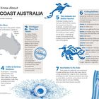 "7 Things to Know About East Coast Australia." Grafiken von Seetieren und stilisierten Objekten wie einem Sonnenhut, Kaffee.