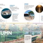 Texte: "Rain Easing," "Bushwalking South," "Whale Sharks at Ningaloo," "Margaret River Pro," "Red Earth Arts Festival," "Staircase to the Moon," "Ord Valley Muster," "West Coast Australia in AUTUMN."     
Fotos: Herbstlandschaft, Walhai, Festival, Mondaufgang am Strand, baumbestandener Park.