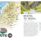 ROUTE 08: Bristol to Yeovil – The Hippy Trail. Karte links, Straßen und Orte markiert. Rechts Foto einer Landstraße.