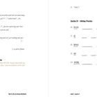 Links steht: Section II – Comprehension. Es gibt Lücken zum Ausfüllen. Rechts: Section IV – Writing Practice mit koreanischen Wörtern und Linien zum Schreiben. Unten ist eine Illustration eines sitzenden Jungen, der schreibt.