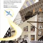 Text fragt: "Woher war er gekommen? Wohin war er verschwunden?" Illustration zeigt Vogel in Stadt, Menschen an Fenstern.