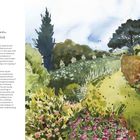 „Learn from the masters“ steht geschrieben. Eine Aquarellillustration zeigt eine grüne Landschaft mit Bäumen und Blumen.