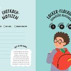 Chefkoch-Notizen mit Auswahlmöglichkeit und Notizlinien. Schweizer Klassiker für 2, 15 Min Vorbereitung, 8 Std Ruhezeit. Illustration zeigt eine Person mit Rucksack, umgeben von Bienen.