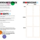 "Kombinieren und zeichnen", "So geht’s", "Probier es aus". Gitter mit Objekten: Hut, Banane, Besen, Fisch, Fahrrad, Ballon. Illustration: Fisch mit Besen.
