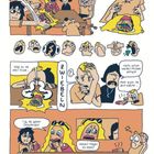 "Griechische Spezialität von Alex, mit viel Liebe! Nach 'nem Rezept von seiner Mutter! Kali orexi. ZWIEBELN." Comic-Stil.