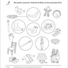 Texte: "Plauderhaus", "Oberbegriffe suchen (a)", "Wortschatz 5". Schwarz-weiße Illustrationen von Alltagsgegenständen und Menschen.