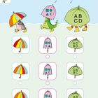 Oben steht: "Welcher Schirm ist gleich? Kreuze an." Illustration mit Tieren und Regenschirmen.