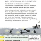 Seite 13: "Die Nachtwanderung" im Text. Ein Geist und drei Wandersilhouetten mit Taschenlampen. Mond und Bäume im Hintergrund.