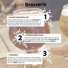"So geht Brasserie" oben, darunter drei Tipps: 1. An Theke bestellen, 2. Drinks selbst holen, 3. Trinkgeld Informationen. Hintergrund: Biergläser.