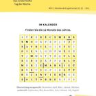 Texte „der Tag“, „IM KALENDER“, „Finden Sie die 12 Monate des Jahres.“ Ein Wortsuchspiel mit Monaten.