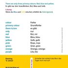 Text über Grundfarben und deren Mischung. Übersetzungen von Farbnamen. Datum: Dienstag, 12. Januar. Wort des Tages.