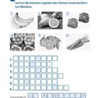 "Lebensmittel einkaufen", Frage zu Obst- und Gemüsesorten. Bilder: Bananen, Zitrone, Salat, Paprika, Orangen, Karotten. Lösung: L, B, Q, A.