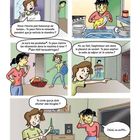 Comic-Sequenz: Gespräch über Hausarbeit und dann Müdigkeit. Viele Aufgaben wie Geschirr spülen, waschen, saugen.