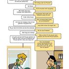 Textblasen zwischen zwei telefonierenden Männern, die über das Einladen einer Kollegin ins Kino sprechen. Comic-Stil.