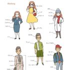 „Wortschatz“ und „Kleidung“ stehen oben. Illustration mit sechs Personen in verschiedenen Outfits und Beschriftungen.