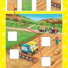 Illustration einer landwirtschaftlichen Szene mit Traktor, Mähdrescher und einer Vogelscheuche, umrahmt von gelben Blumen.