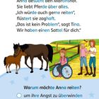 Text: Anna besucht den Martinshof. Sie liebt Pferde über alles. Illustration: Mädchen im Rollstuhl, Pferde, andere Mädchen im Hintergrund.