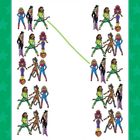 Vier Gruppen aus Heldinnen, die unterschiedlichen Anordnungen entsprechen. Ein grüner Pfeil verbindet die oben links.