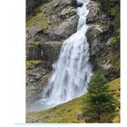 Die Krimmler Wasserfälle sind die höchsten Österreichs mit 385 Metern. Ein Wasserfall fließt über felsige Hänge, umgeben von Wald.