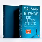 "Salman Rushdie Die elfte Stunde Fünf Erzählungen. Spiegel Bestseller Autor." Ein Buchcover in Blau mit Silhouette.