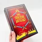 Buchcover: "Das tödliche Artefakt" von Andreas Suchanek. Rote, gelbe Illustrationen einer Skyline und eines Schwertes.