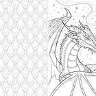Keine Texte; Illustration zweier einander zugewandter Drachen, zwischen Sternen, auf rechter Seite. Links Schuppenmuster.