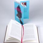 Buch "Sanditz" von Lukas Rietzschel. Offenes Buch mit rotem Leseband, daneben ein bunter Umschlag mit Vogeldesign.