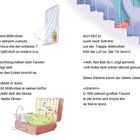 Links: Text über Möhrchens Erlebnisse im Haus. Rechts: Illustration eines Koffers mit einem schlafenden Wesen, Fenster, Treppe.