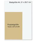 Oben steht "Blattgröße A4, 21 x 29,7 cm". Ein beiger Bereich zeigt "Produktgröße 13,5 x 21,0 cm".