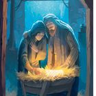 Weihnachten. Eine Illustration von Maria und Josef, die liebevoll über einer Krippe mit einem Baby stehen, blaues Leuchten.