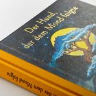 "Der Hund, der dem Mond folgte" steht auf einem Buchdeckel. Darunter eine Illustration mit Mond und Baum vor einem Nachthimmel.