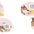 Illustration: Ein Hund und eine Katze interagieren humorvoll. Der Hund will beschützen, die Katze ist unbeeindruckt und sarkastisch.