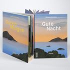 Texte: "Guten Morgen", "Gute Nacht", "Johanna Schaible", "Hanser". Illustration von Landschaft bei Sonnenaufgang/-untergang.