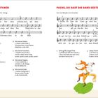 Text: "ALLE MEINE ENTCHEN" und "FUCHS, DU HAST DIE GANS GESTOHLEN". Noten und Liedtexte zweiseitig. Illustration: Ein Fuchs.