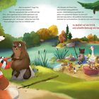 Eine Illustration zeigt einen Fuchs in roter Kleidung als Ärztin, der einem verletzten Biber am See hilft.