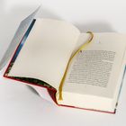 Offenes Buch, mit gelbem Leseband, Textseite links, Beginn eines Textes auf der rechten Seite, leere Seite links.