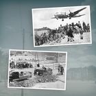 Zwei historische Schwarz-Weiß-Fotos: Menschen beobachten Flugzeug, Menschen an Grenze mit Schildern. Zeigt Nachkriegszeit.