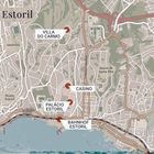 Karte von Estoril mit markierten Orten: Villa do Carmo, Casino, Palácio Estoril, Bahnhof Estoril. Küstenlinie unten.