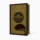 „DIE STURMHÖHE“, Emily Brontë. Goldene Linien um ein tiefes Schwarz, ein Baum biegt sich im Wind nach links.
