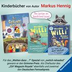 Texte: "Kinderbücher von Autor Markus Hennig", "Am besten im Handstand lesen!", Buchtitel und Infos über Preise. Drei bunte Buchcover.