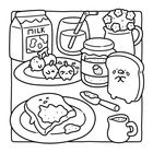 Auf der Illustration steht "MILK" auf einer Packung. Niedliche Lebensmittel haben Gesichter: Toast, Marmelade, Obst, Blume.