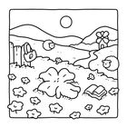 Eine Illustration zeigt Blumen, Schafe, ein Buch, eine Tasche, Hügel, einen Weg, eine Mühle und die Sonne.