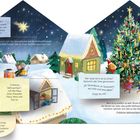 Eine Winterlandschaft: Tiere feiern um einen Weihnachtsbaum, während Sterne am dunklen Himmel funkeln und Häuser erleuchtet sind.