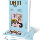 "Delfi Magazin für neue Literatur" zeigt Cover mit surrealer Illustration, Herz, Auto und Engel. Namen von Schriftstellern.