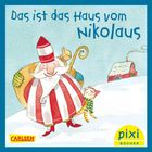 „Das ist das Haus vom Nikolaus“. Illustration: Nikolaus in Rot-Weiß mit Kind und Schneelandschaft, zwei Logos.