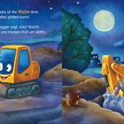 Text: "Als Nächstes ist die Walze dran. Was die alles glätten kann! Kleiner Bagger sagt: 'Gute Nacht!'" Illustration: Ein lächelnder Bagger bei Nacht.